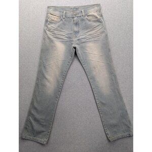 MO7 Straight Jeans Mens 36x32 Blue Light Wash Distressed Denim Strap Pockets